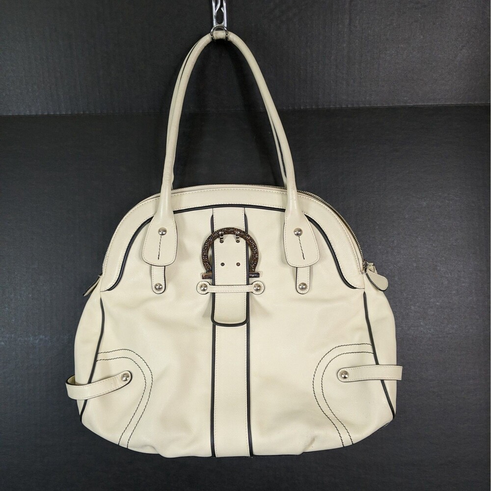 Salvatore Ferragamo Gancini Ivory Leather Shoulder Bag Large Tote Shopper